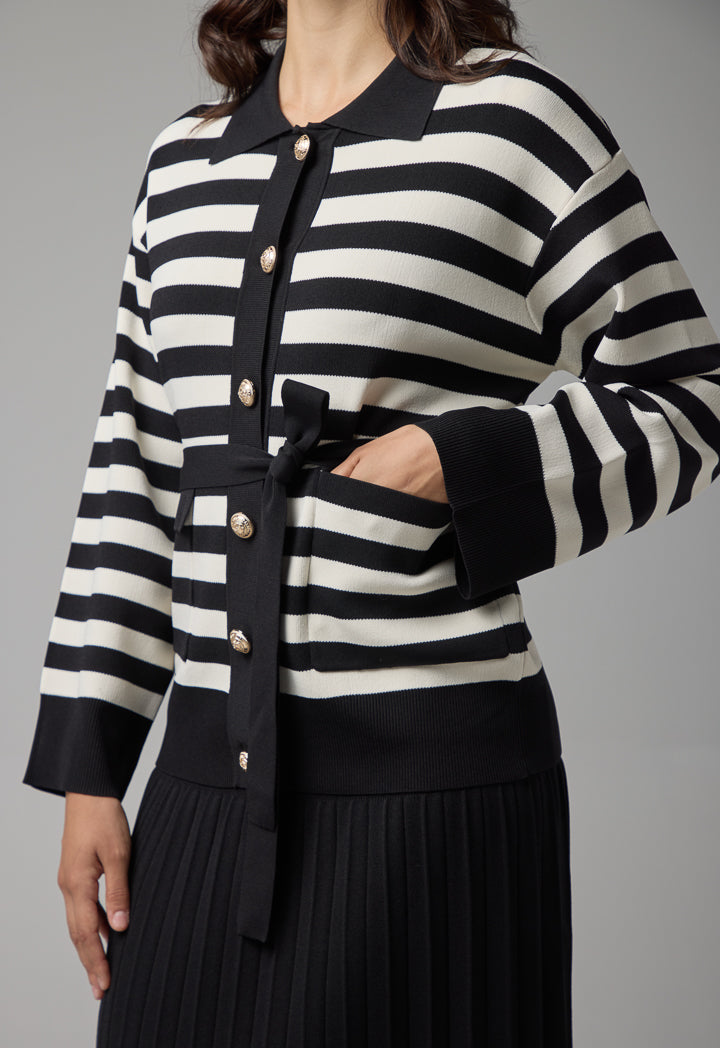 Choice Two-Tone Knitted Belted Cardigan Offwhite/Black