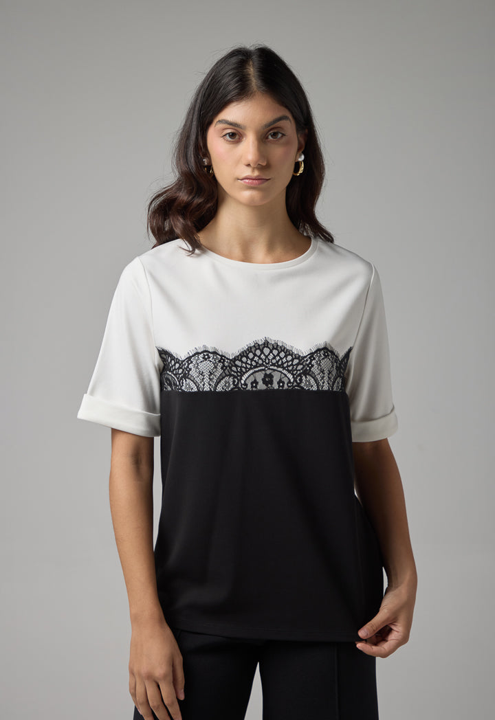 Choice Contrast Short Sleeves Lace Detail T-Shirt Black/Offwhite