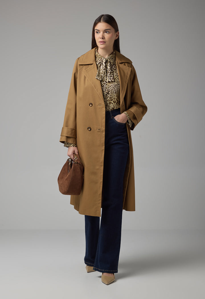 Choice Double Breasted Notched Collar Midi Trench Coat Camel