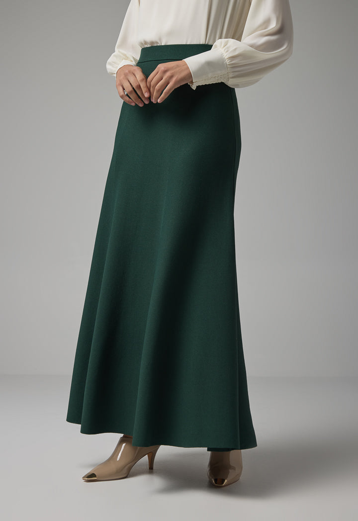 Choice Solid Knitted Flared Skirt Green