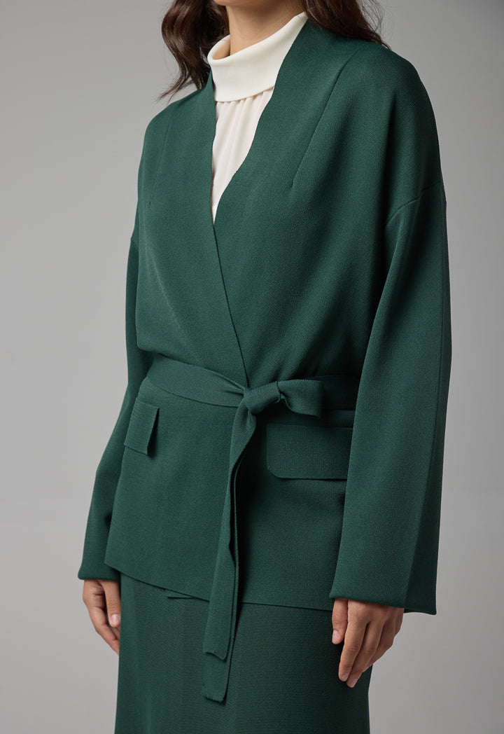 Choice Long Sleeves Knitted Belted Cardigan Green