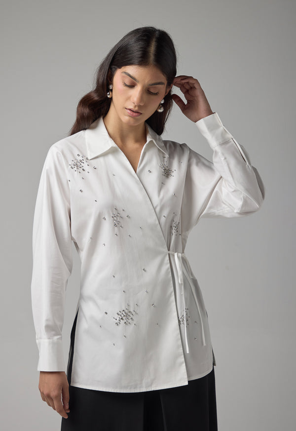 Choice Solid Crystal Embellished Shirt Off White