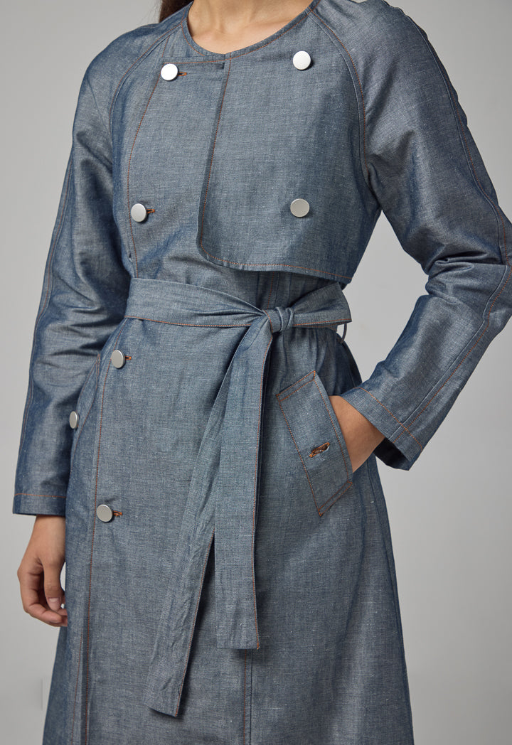 Choice Multi Front Pocket Coat With Belt Indigo