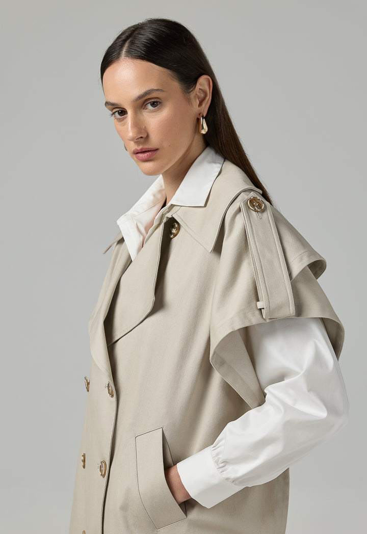 Choice Solid Double Breasted Notched Collar Outerwear Beige