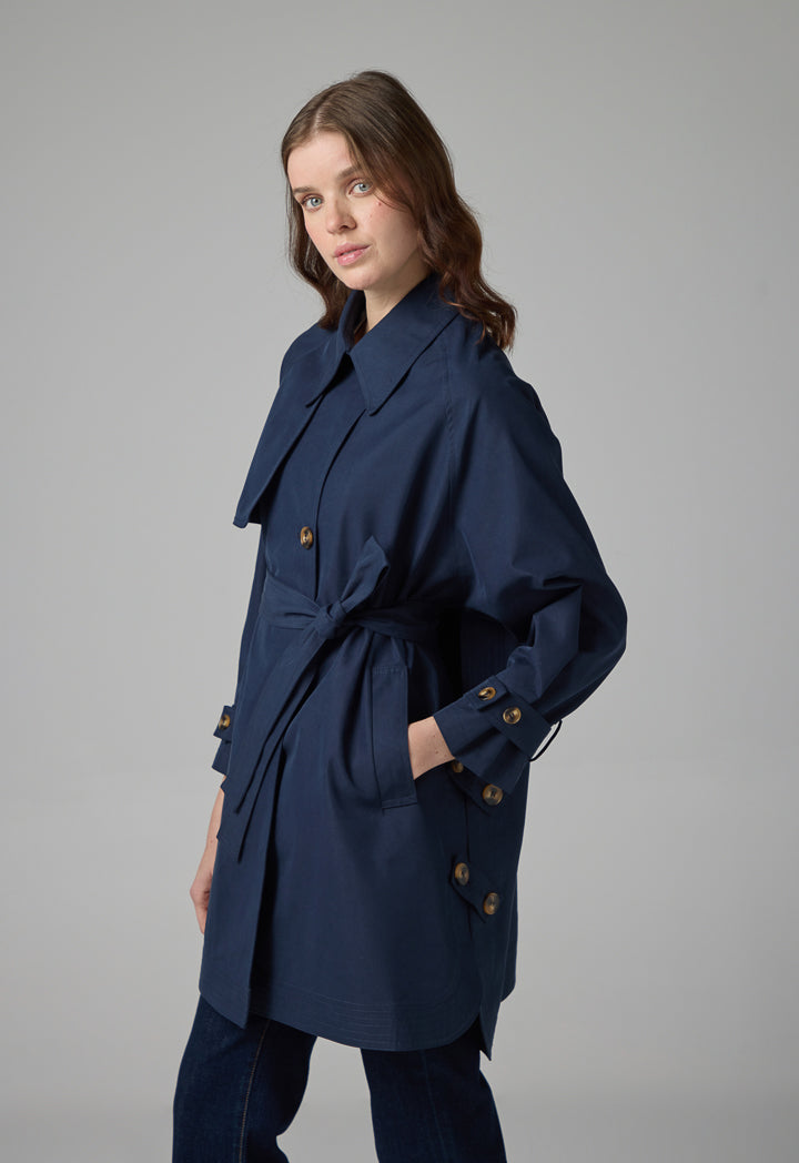 Choice Long Raglan Sleeve Belted Midi Coat Navy