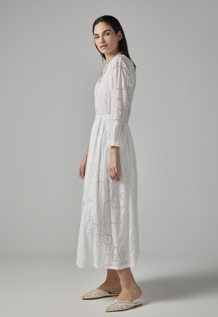Choice Single Tone Schiffli Pleated Belted Dress Off White