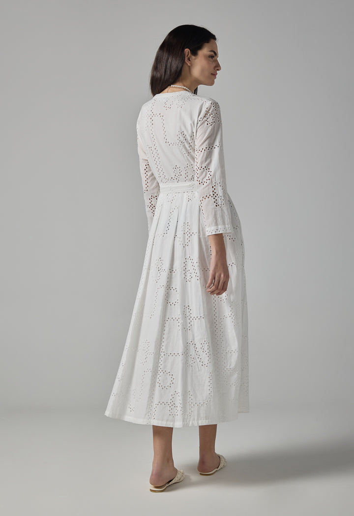 Choice Single Tone Schiffli Pleated Belted Dress Off White