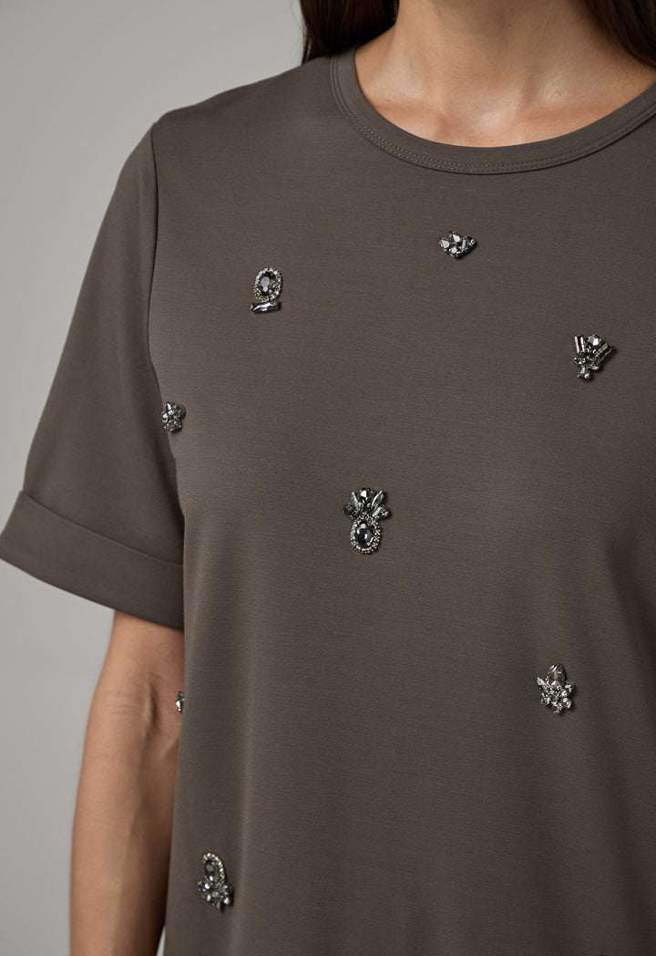 Choice Crystal Embellished Solid T-Shirt Anthracite