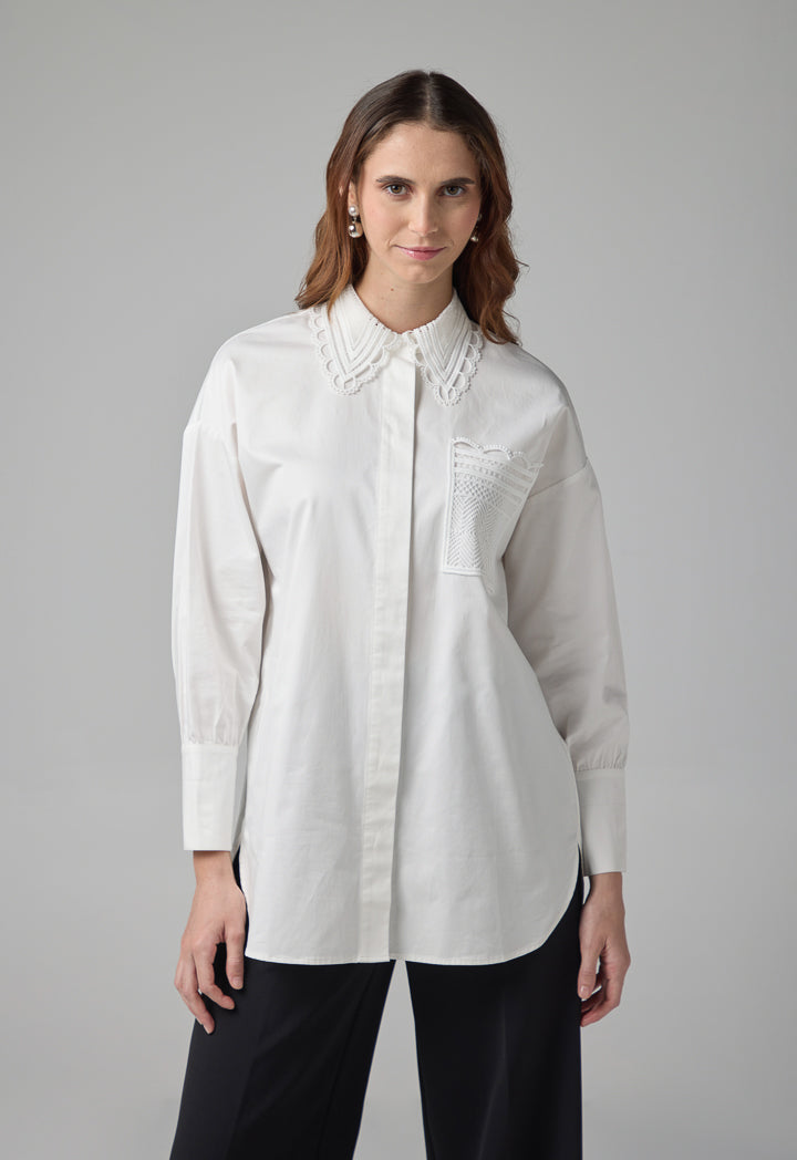 Choice Schiffli Collar Long Sleeves Shirt Off White