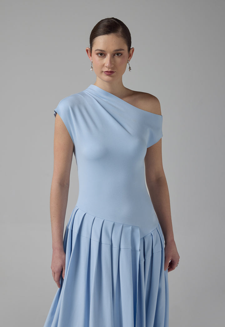 Choice Half Of Shoulder Pleated Dress Blue