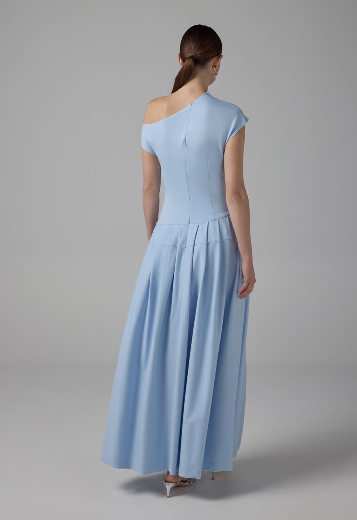 Choice Half Of Shoulder Pleated Dress Blue