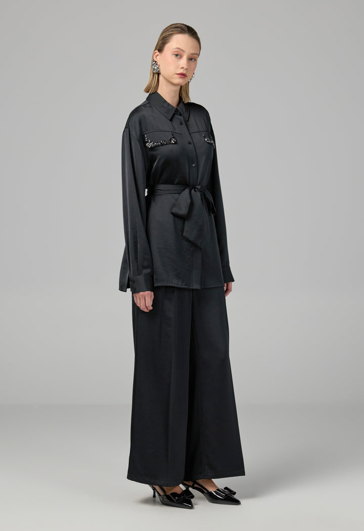 Choice Crystal Embellished Belted Shirt Black