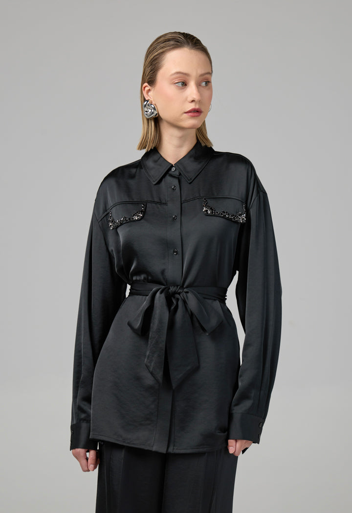 Choice Crystal Embellished Belted Shirt Black