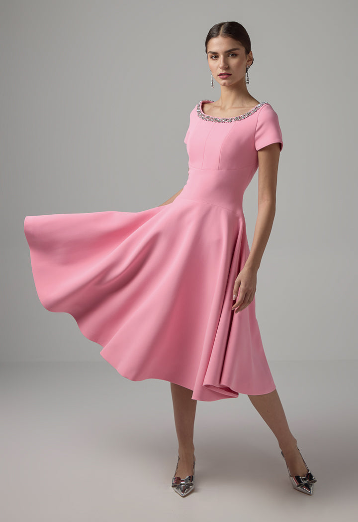 Choice Crystal Embellished Short Sleeves Midi Dress Pink
