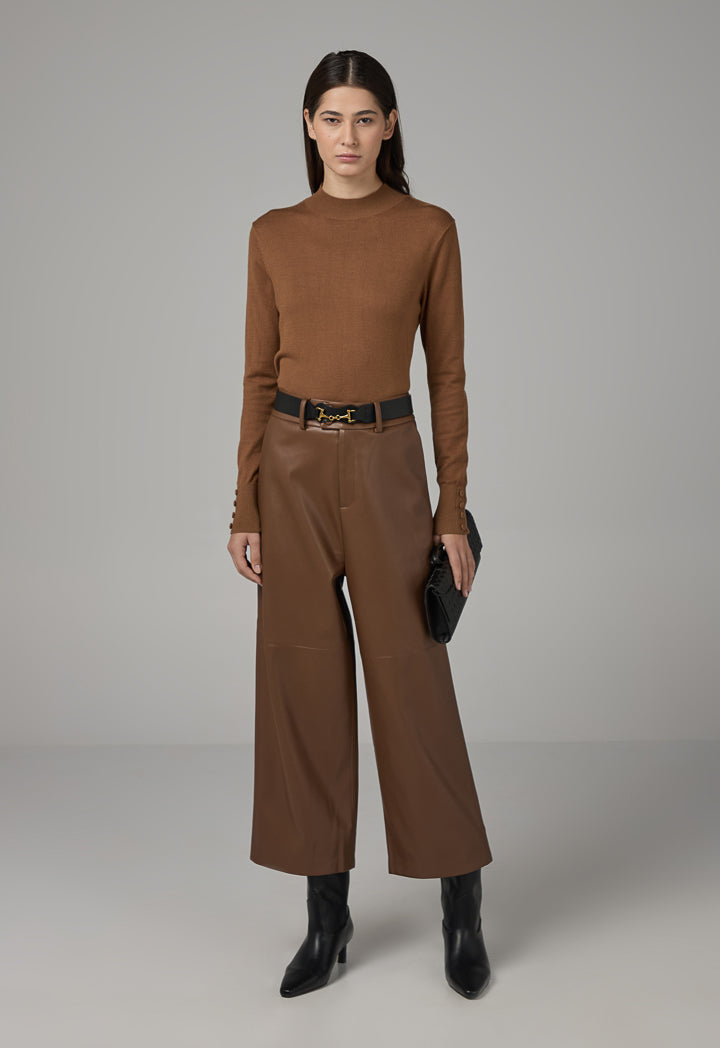 Choice Pu Leather Wide Legs Basic Trousers Brown