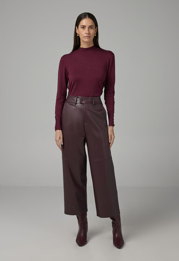 Choice Pu Leather Wide Legs Basic Trousers Burgundy