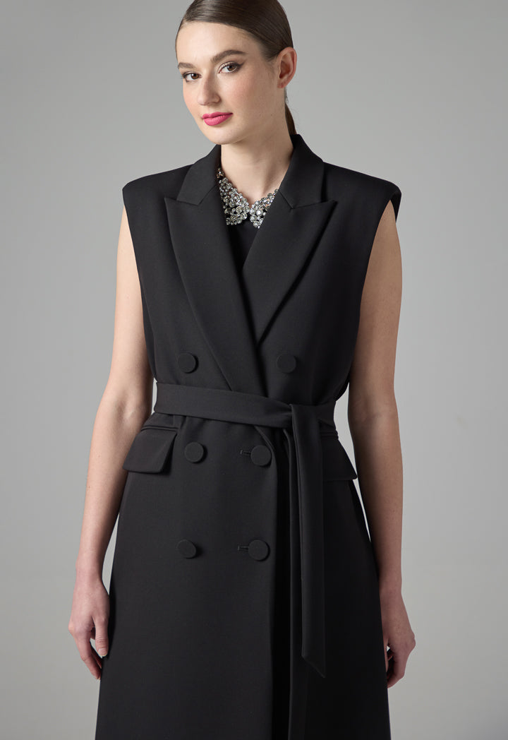 Choice Notched Collar Double Breasted Belted Vest Black