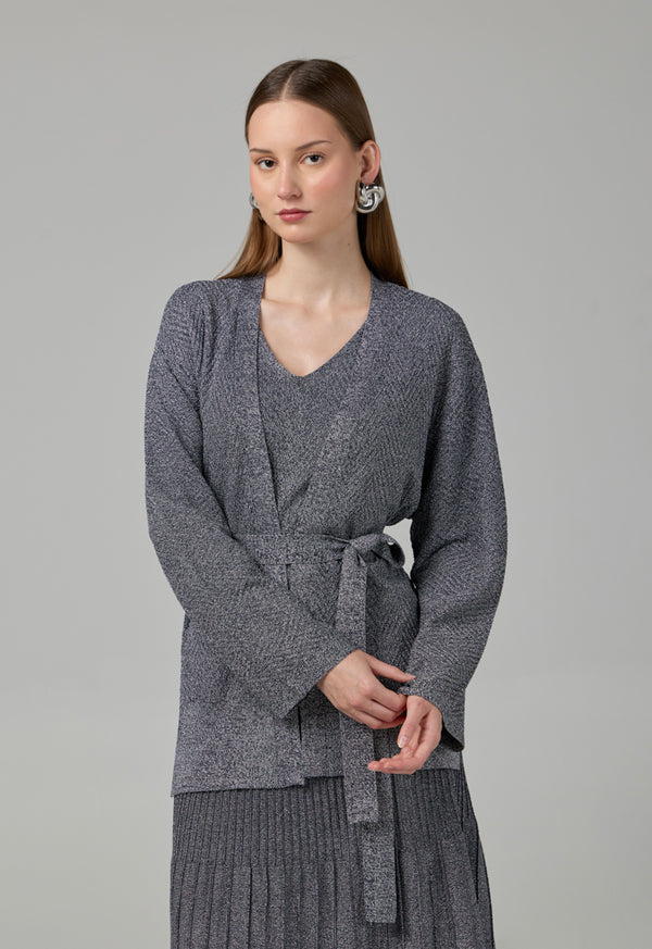 Choice Solid Lurex Knitted Belted Cardigan Silver