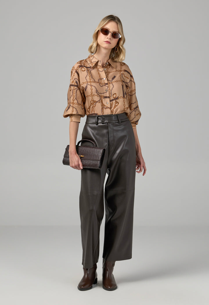 Choice Pu Leather Wide Legs Basic Trousers Brown