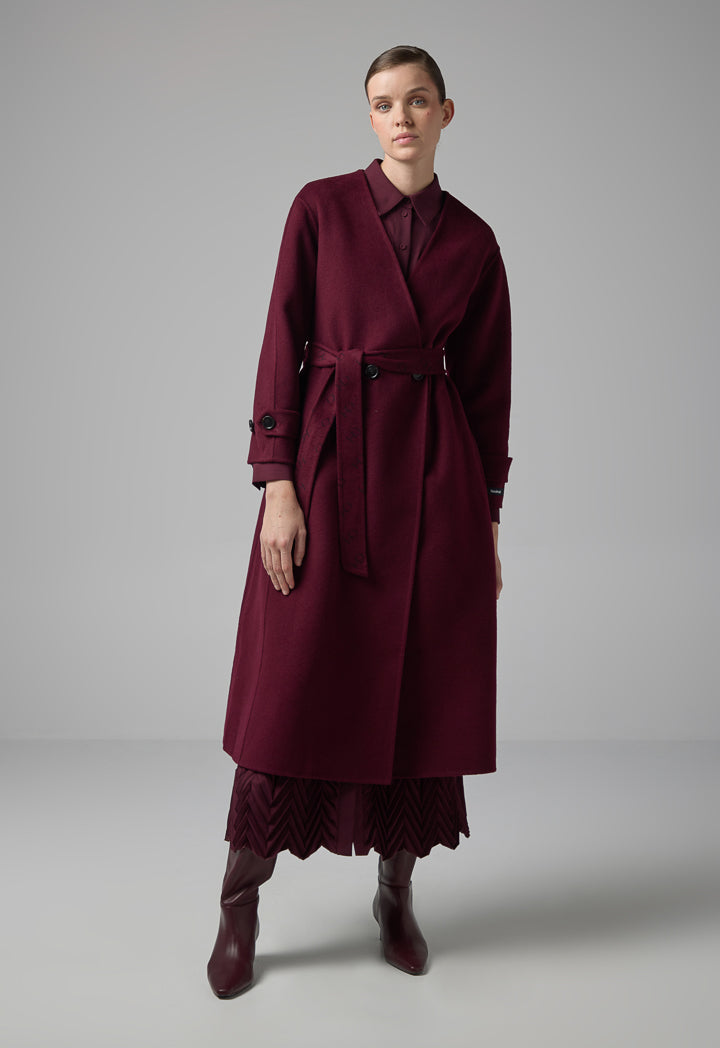 Choice Wool Handmade Coat With Detachable Scarf Burgundy