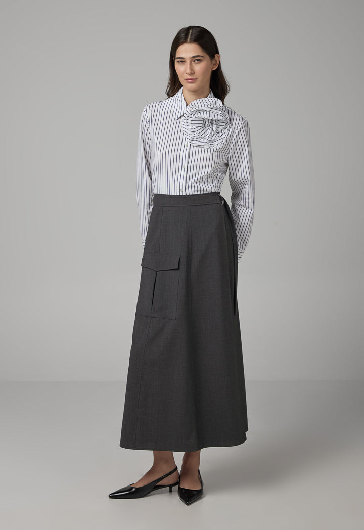 Choice Solid Wrap Flap Pocket Skirt Dark Grey