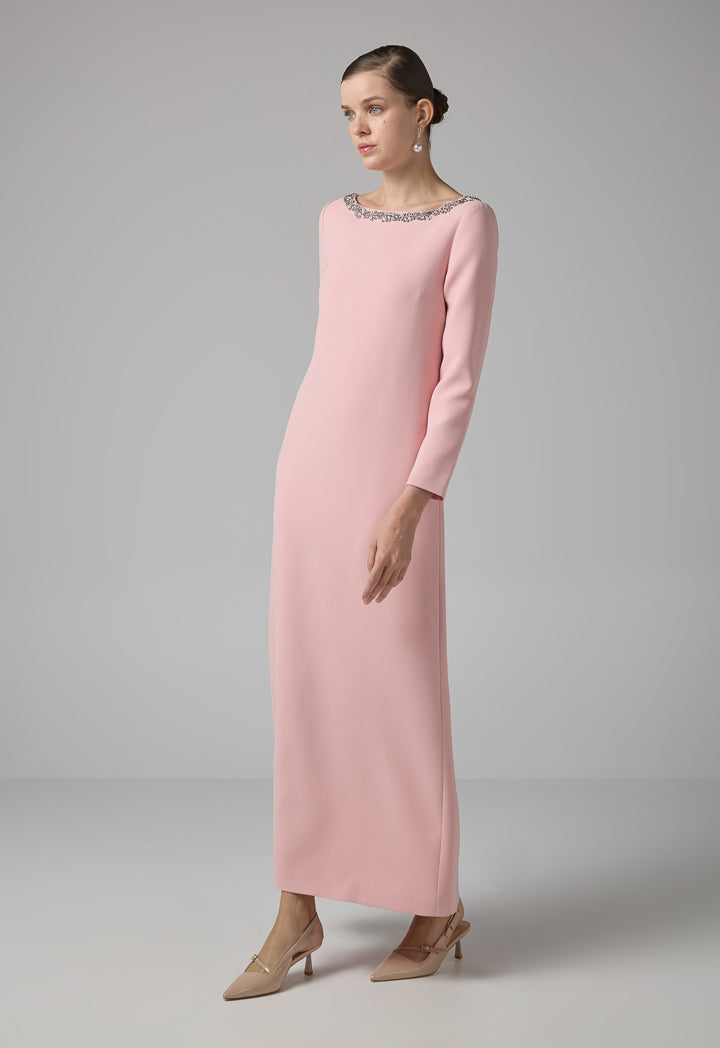 Choice Crystal Embellished Neckline Maxi Dress Blush