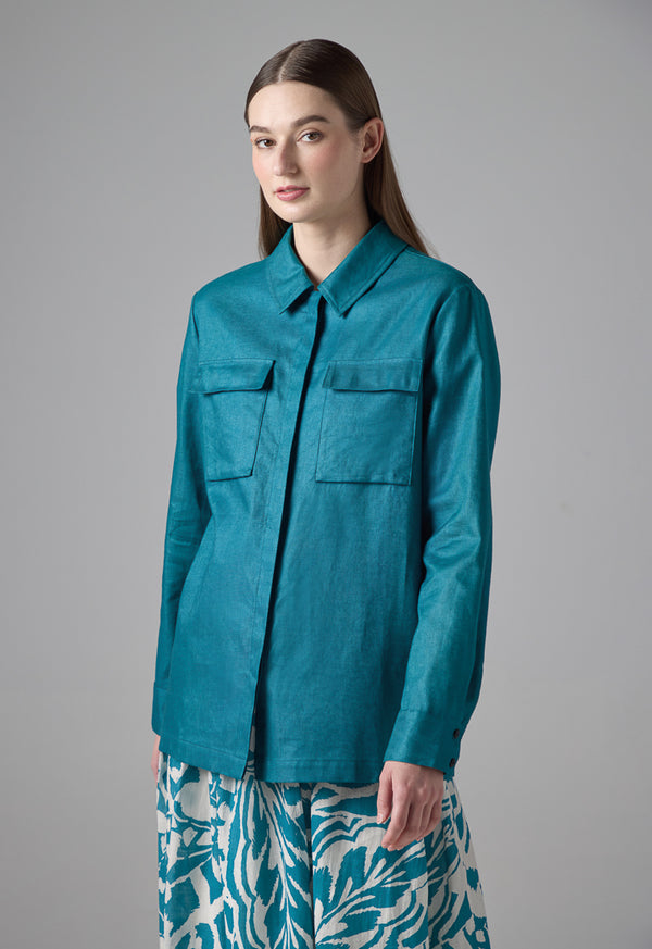 Choice Solid Front Flap Pockets Shirt Teal