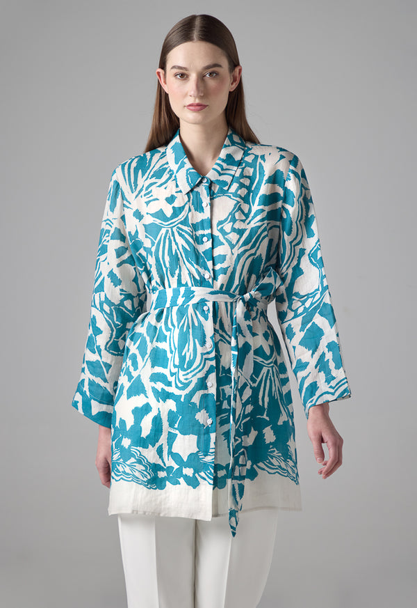 Choice Long Sleeve Printed Belted Shirt Teal