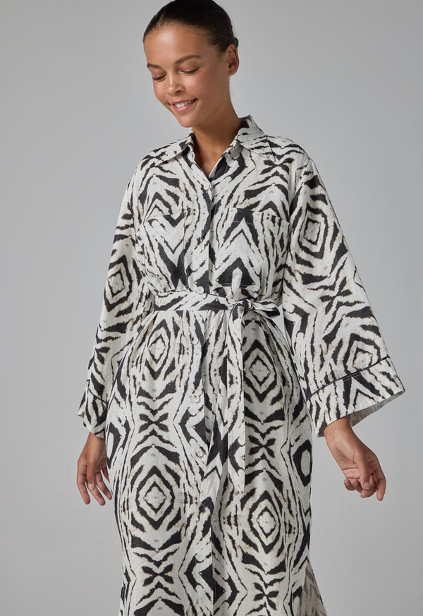 Choice Printed Linen Belted Maxi Shirt Dress Brown/White