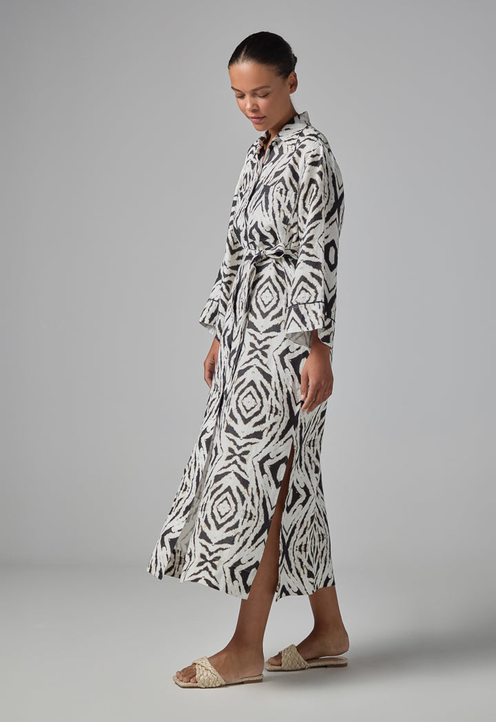 Choice Printed Linen Belted Maxi Shirt Dress Brown/White