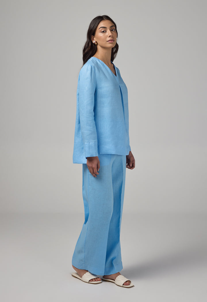 Choice V- Neck Linen Basic Blouse Light Blue