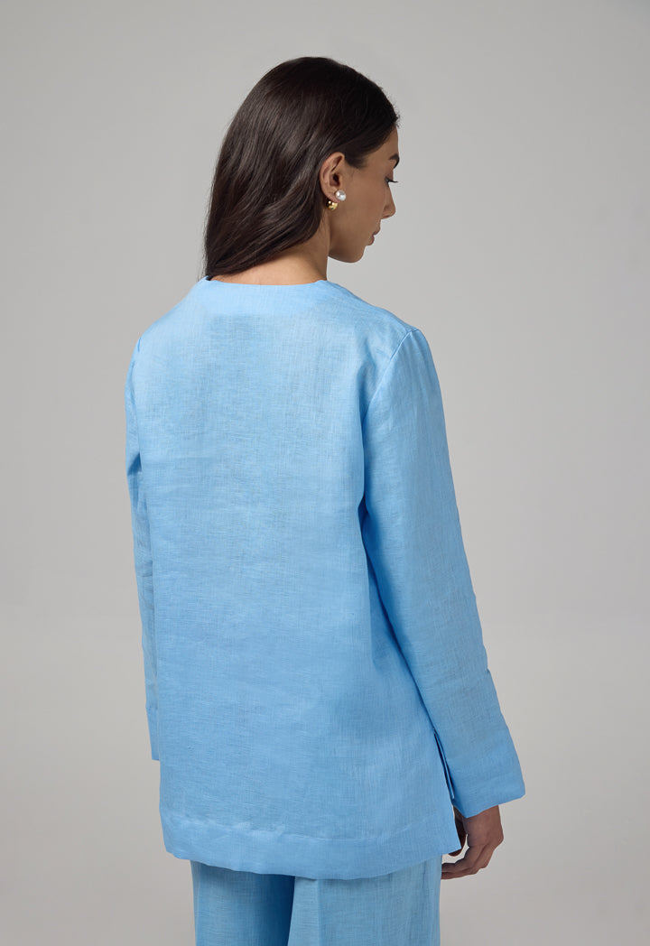Choice V- Neck Linen Basic Blouse Light Blue