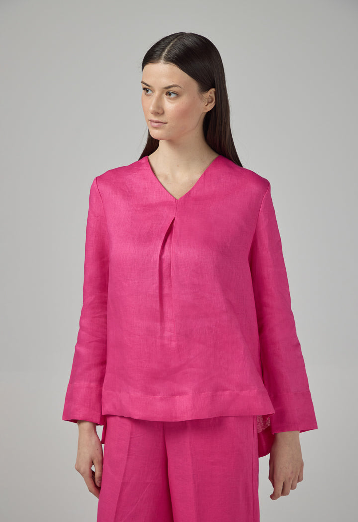 Choice V- Neck Linen Basic Blouse Fuchsia