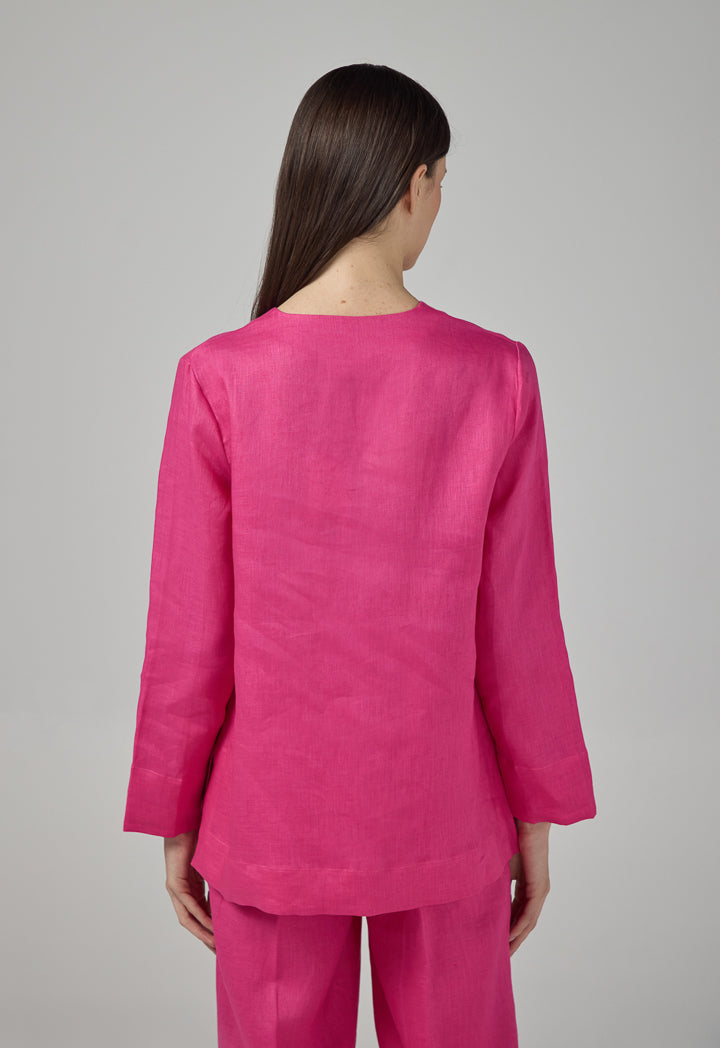 Choice V- Neck Linen Basic Blouse Fuchsia