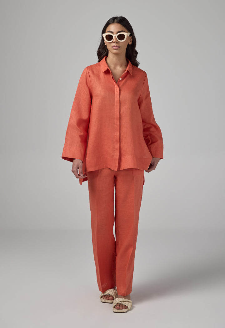 Choice Regular Fit Belted Linen Shirt Orange