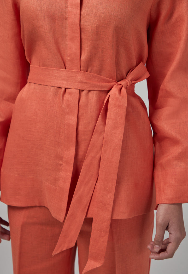 Choice Regular Fit Belted Linen Shirt Orange
