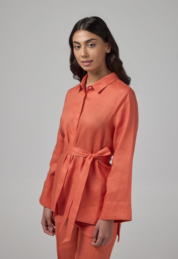 Choice Regular Fit Belted Linen Shirt Orange