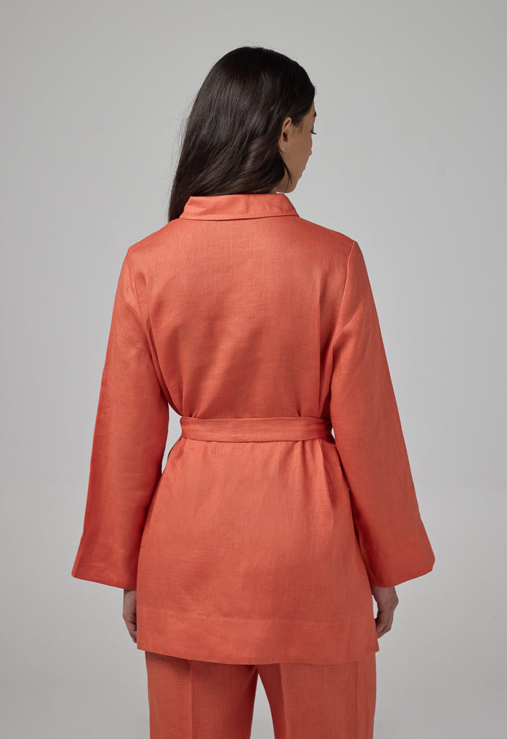Choice Regular Fit Belted Linen Shirt Orange
