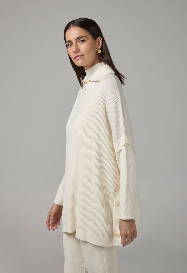 Choice Button Embellished Ribbed Sweater Cream