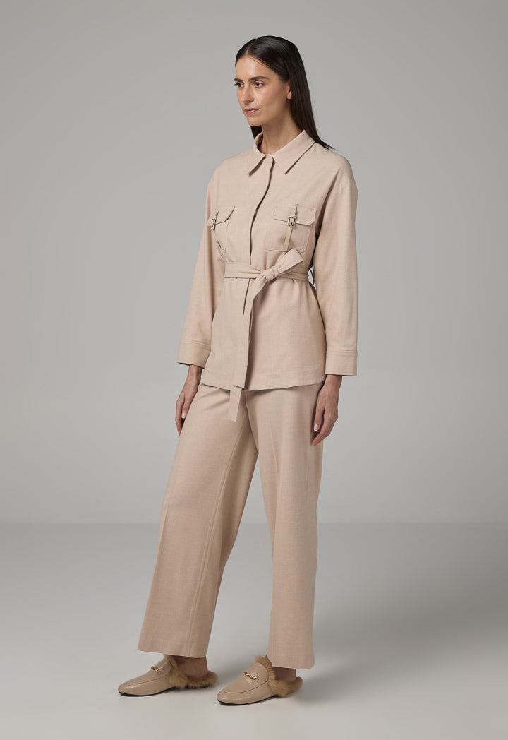 Choice Solid Front Pockets Belted Shirt Beige