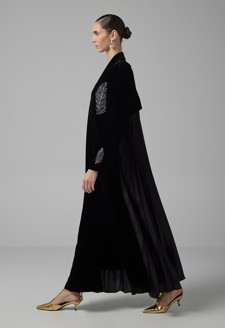 Choice Bead Embellished Pleated Velvet Abaya Black