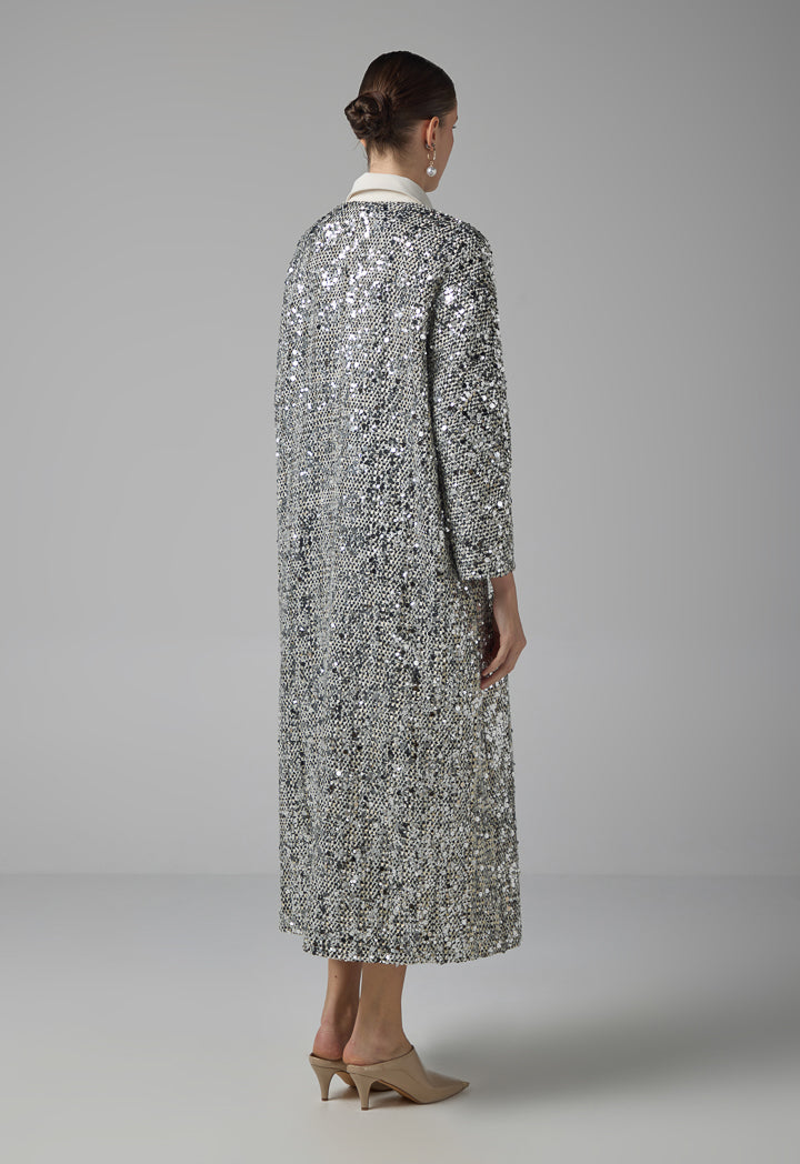 Choice Sequin Embellished Tweed Coat Grey