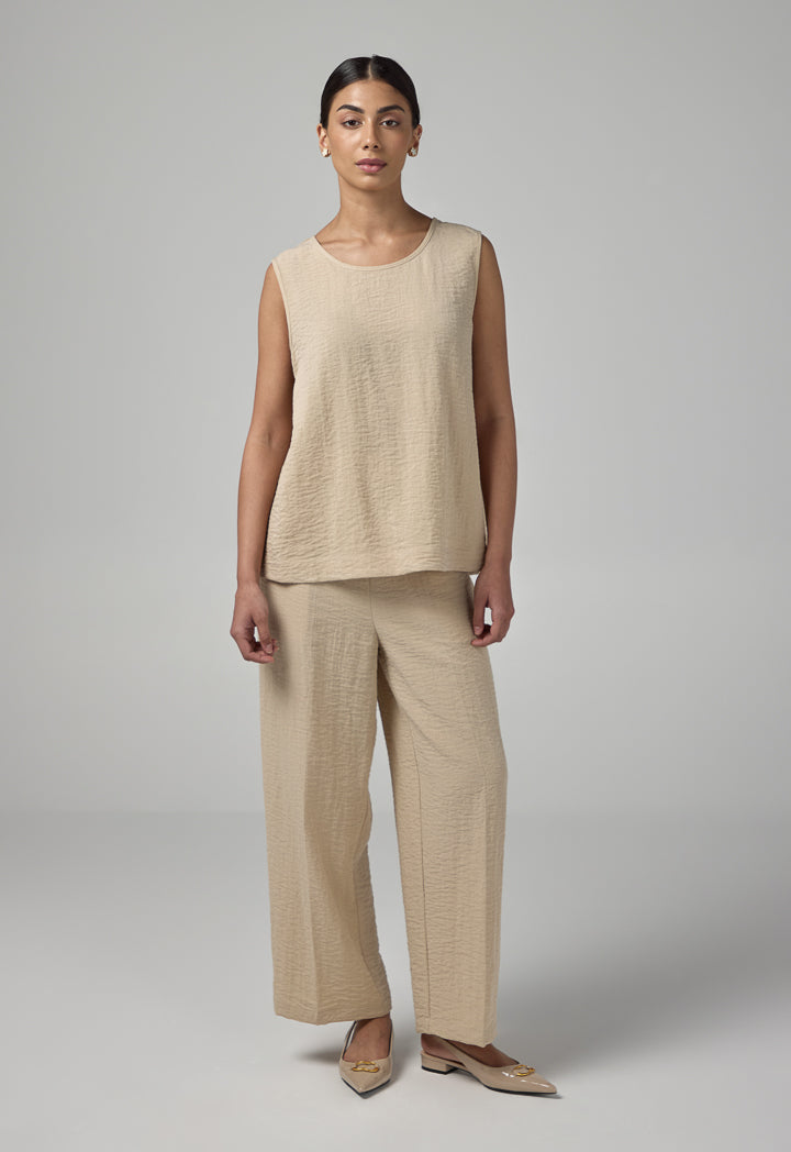 Choice Solid Sleeveless Crinkled Top Beige