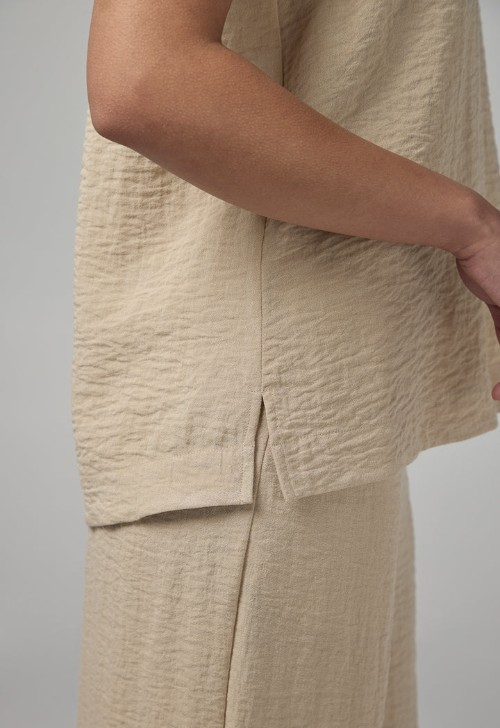 Choice Solid Sleeveless Crinkled Top Beige