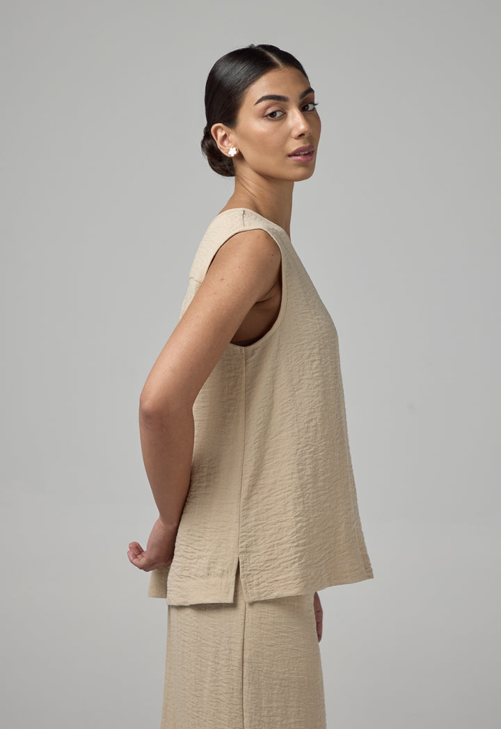 Choice Solid Sleeveless Crinkled Top Beige