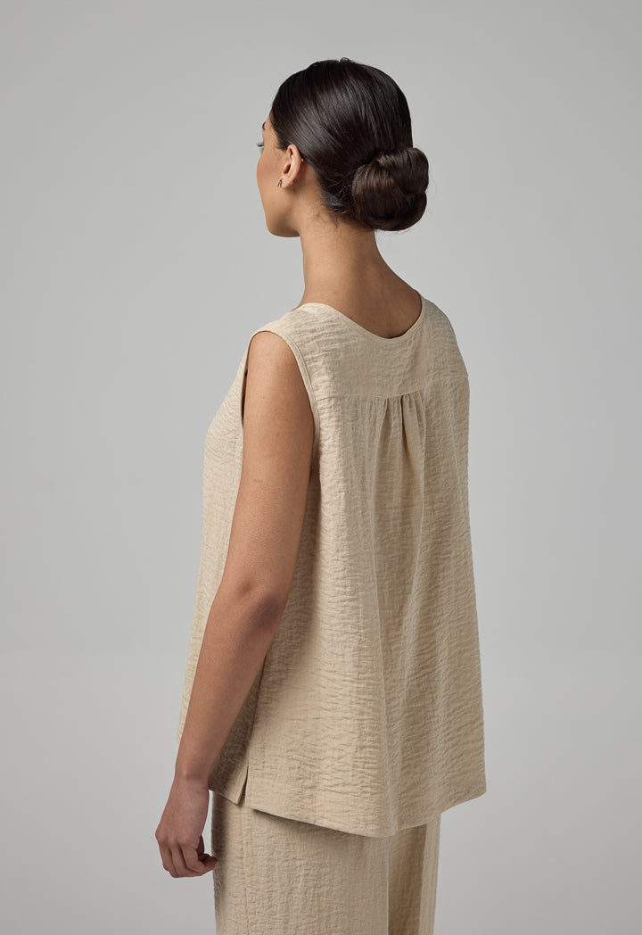 Choice Solid Sleeveless Crinkled Top Beige