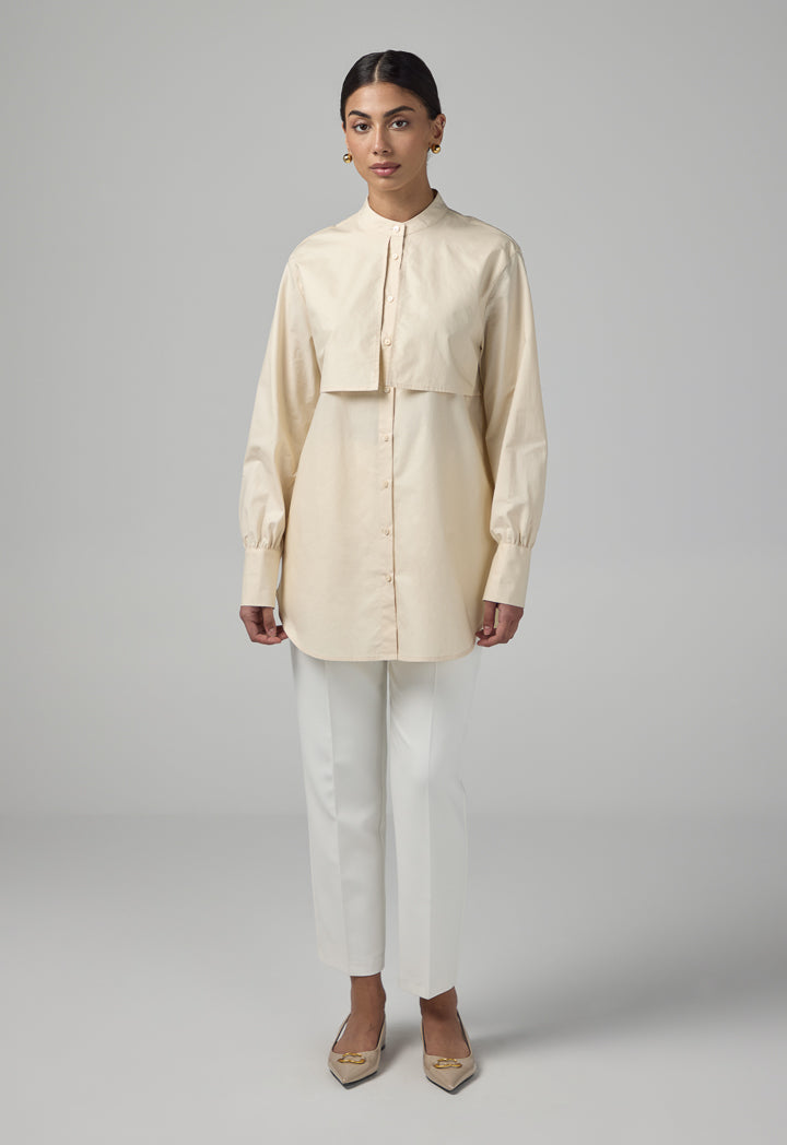 Choice Mandarin Collar Basic Shirt  Beige