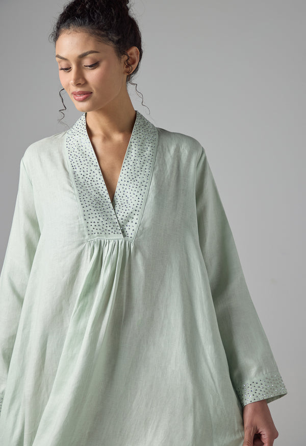 Choice Long Sleeve Crystal Embellished Linen Dress Mint