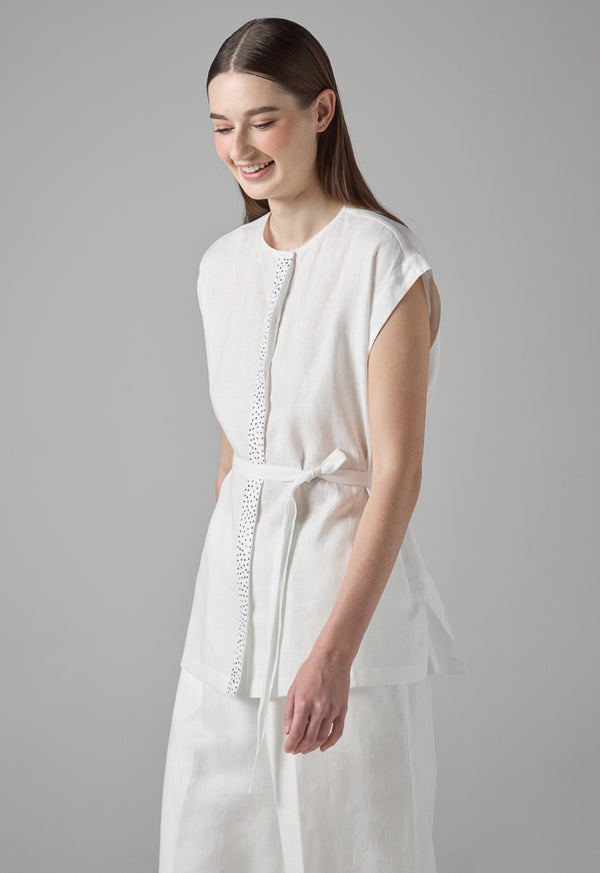 Choice Crystal Embellished Sleeveless Linen Blouse Off White