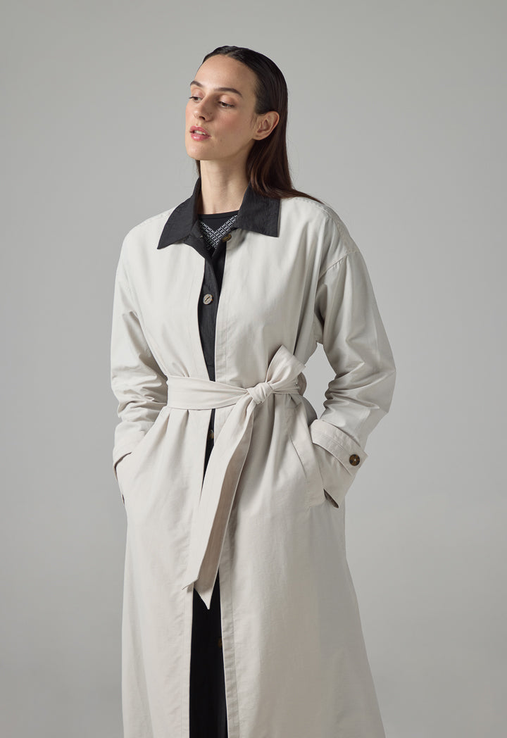 Choice Contrast Long Sleeve Belted Abaya Light Grey